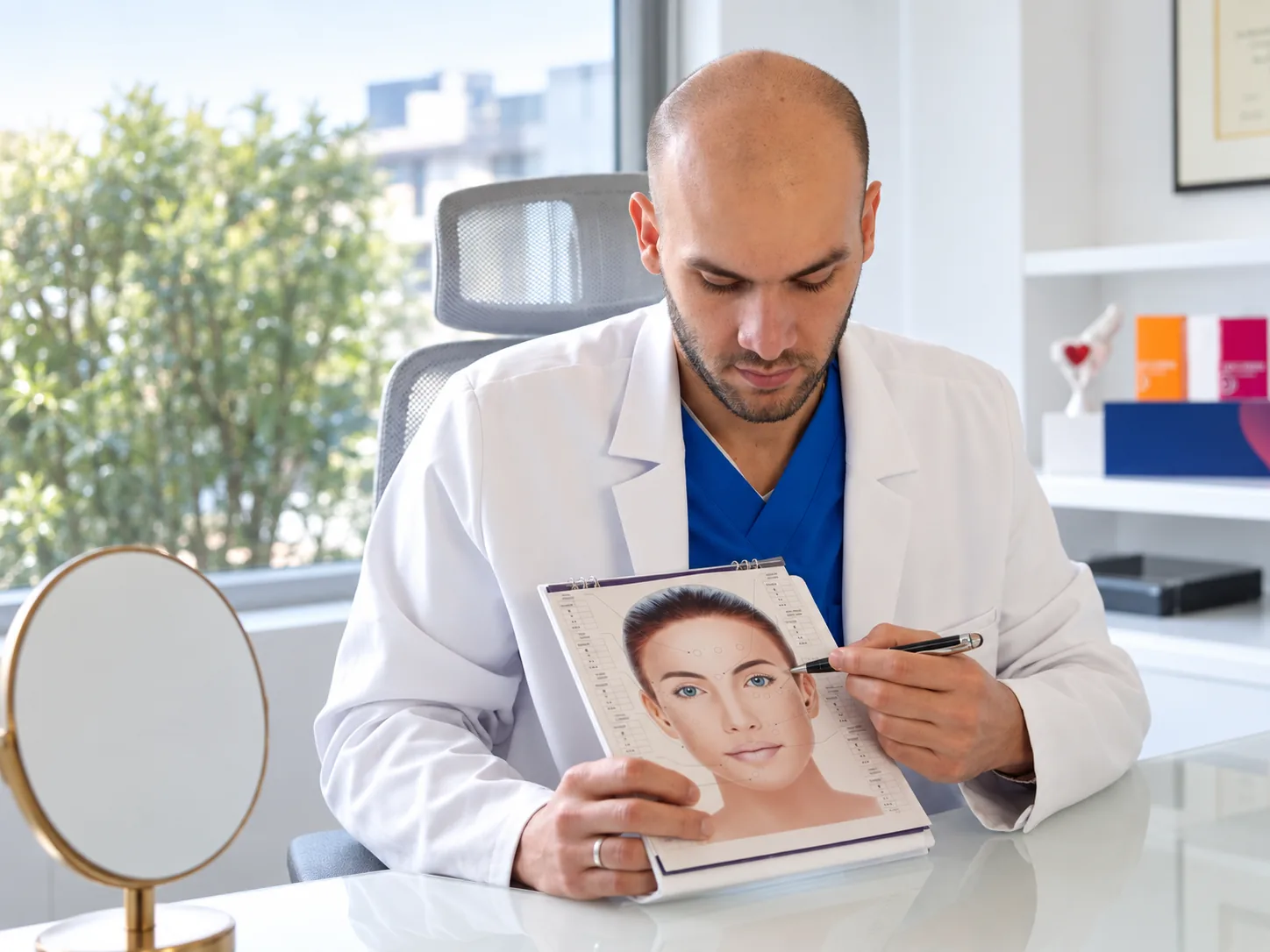 Doctor valorando la estructura facial de una paciente